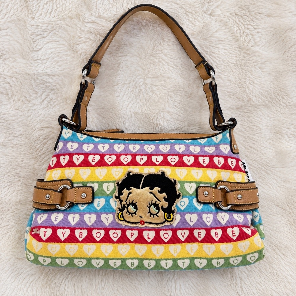 Betty Boop Rainbow Heart Canvas Shoulder Bag Tan Trim Y2K Style